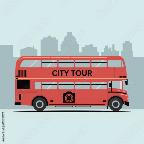 Red Double Decker City Tour Bus Illustration Side View Cityscape Background Camera Icon red bus double decker bus