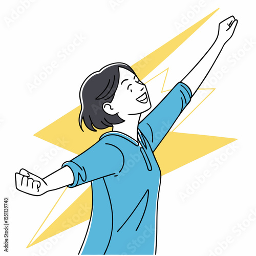 Triumph sketch: A celebratory pose with confident expression against radiant backdrop