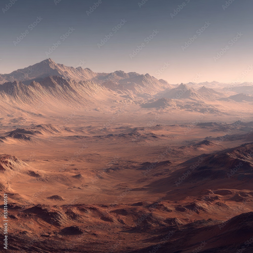 Naklejka premium Expansive, reddish-brown desert landscape with hazy, mountainous horizon under a pale sky