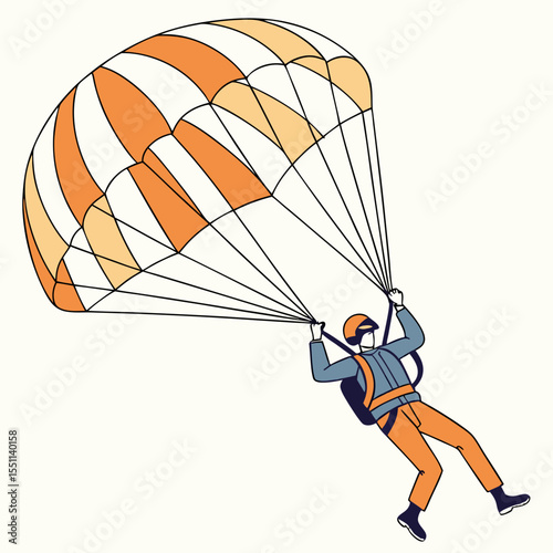 Illustrative skydiver descent with distinctive orange parachute design aesthetic