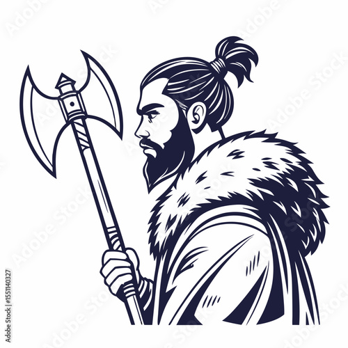 Stoic warrior wielding a powerful axe, clad in fur, vintage illustrative style