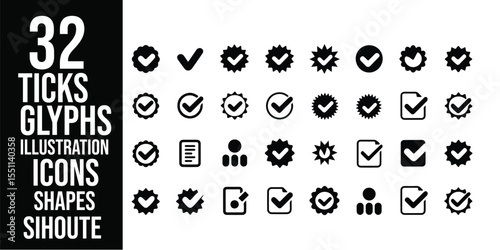 A collection of various black and white check mark icons and shapes arranged in a grid format on white