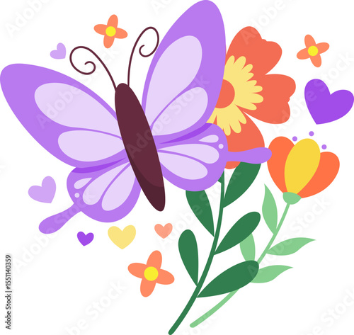 Purple Butterfly and Colorful Flowers Spring Floral Illustration