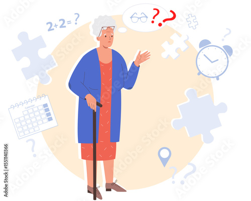 An elderly woman with a stick. The old lady thoughts get confused in head. Senile dementia, problems with brain and memory. Flat vector illustration