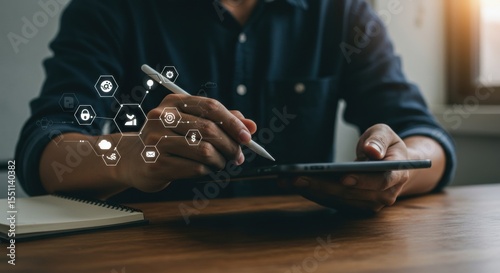 Digital Connectivity: Man Using Tablet with Emerging Tech Icons