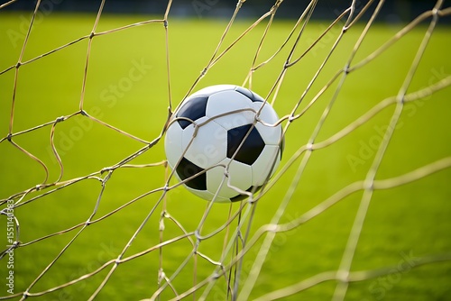 Soccer Ball in Goal Net on Green Field