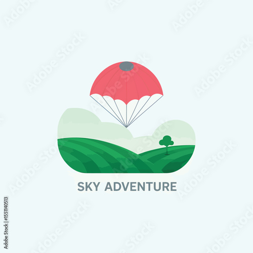 Red Parachute Descending Over Green Rolling Hills Landscape Sky Adventure Illustration Flat Design Style