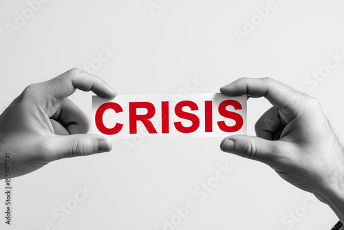 Two hands hold the bold red word “CRISIS” between them, sharply contrasting in a black-and-white photo with a white background, symbolizing urgency and tension in high detail. Concept.