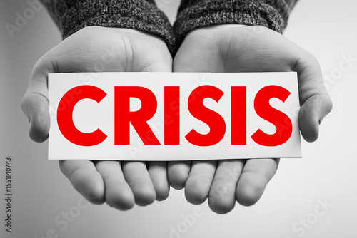 Two hands hold the bold red word “CRISIS” between them, sharply contrasting in a black-and-white photo with a white background, symbolizing urgency and tension in high detail. Concept.