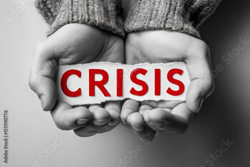Two hands hold the bold red word “CRISIS” between them, sharply contrasting in a black-and-white photo with a white background, symbolizing urgency and tension in high detail. Concept.