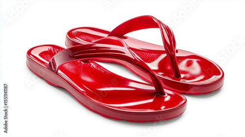 A pair of shiny red flip-flops are displayed against a clean, white background. The focus is on the texture and glossy finish.
