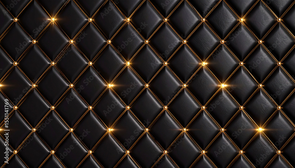 Fototapeta premium A repeating pattern of black diamond-shaped tufting accented with thin gold lines and warm golden highlights