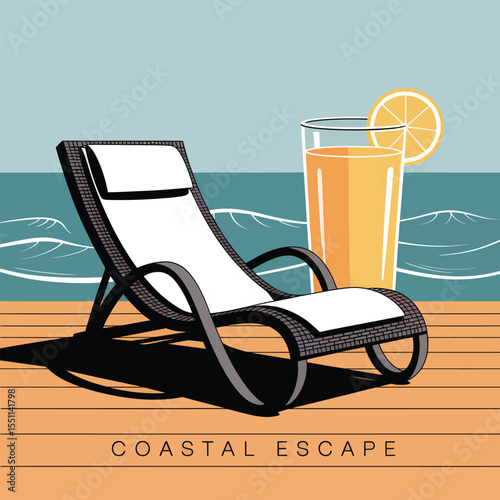 Relaxing on a Modern Wicker Chaise Lounge by the Ocean with a Glass of Orange Juice a Summer Vacation Scene