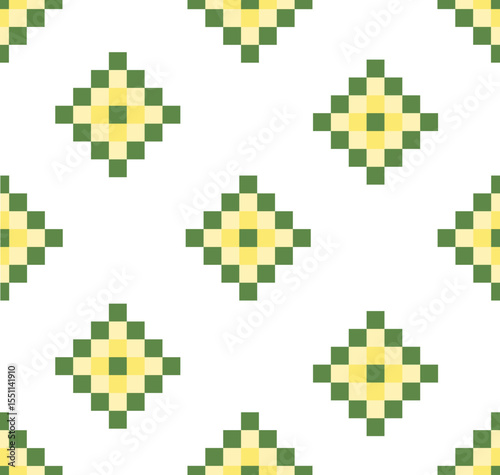Pixel Art Geometric Seamless Pattern in Green and Yellow