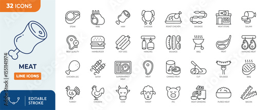Meat line editable icon set. Containing steak, beef, ham, chicken, cow, ribs, sausage, BBQ, and more. Editable stroke. Vector illustration
