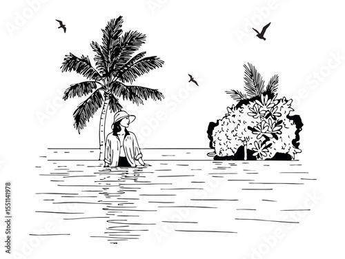seascape with girl in hat vector sketch. tropical landscape vector hand drawing