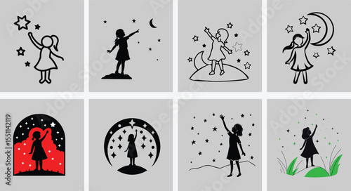 Silhouette of a Young Girl Reaching for Stars Under a Magical Night Sky  Inspirational Dreamy Artwork
