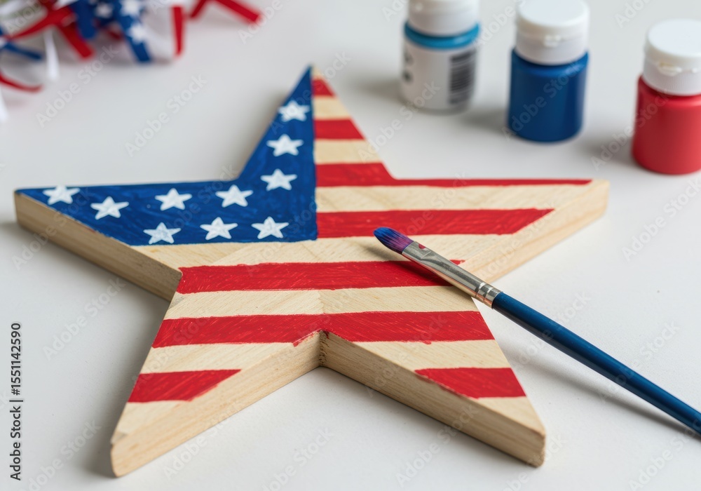 Fototapeta premium Painting a Wooden Star for a 4th of July DIY Decoration a US Independence Day Craft with Copy Space