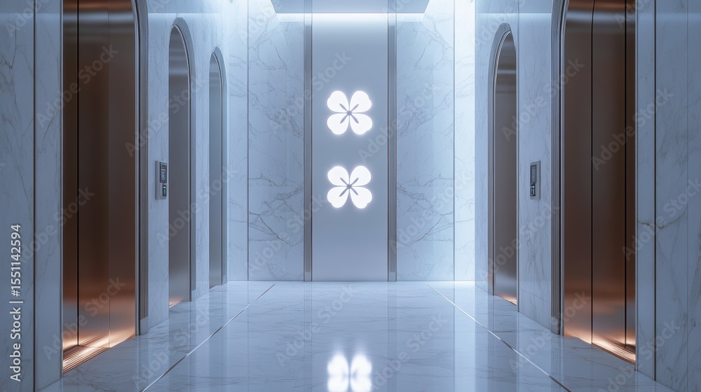 Fototapeta premium Modern Elevator doors of office or hotel hallway, Lobby interior, corridor in house with lift,four clover pattern,Black elegant lift for passenger or cargo elevators,st patrick 's day,copy space.