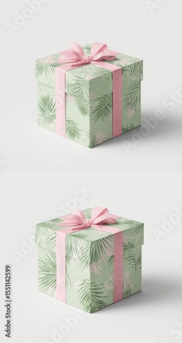 Two identical pastel-green gift boxes with pink ribbon bows, featuring a tropical leaf print, are shown against a light grey background