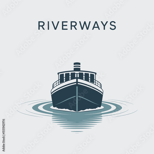 Riverways Logo Featuring a Dark Blue and Teal Riverboat on Calm Water with Ripples a Minimalist Design