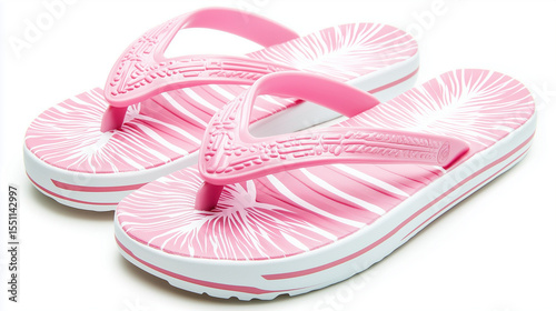 A pair of pink and white flip-flops sits on a white background, showcasing their tropical design and summer-ready comfort.
