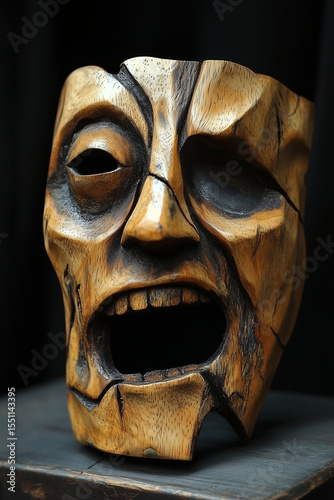 Expressive wooden mask with dramatic, sculpted features, evoking a sense of ancient artistry and intense emotion.