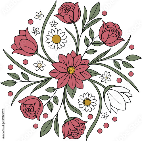 Bohemian Style Flower Mandala with Hand Drawn Flowers