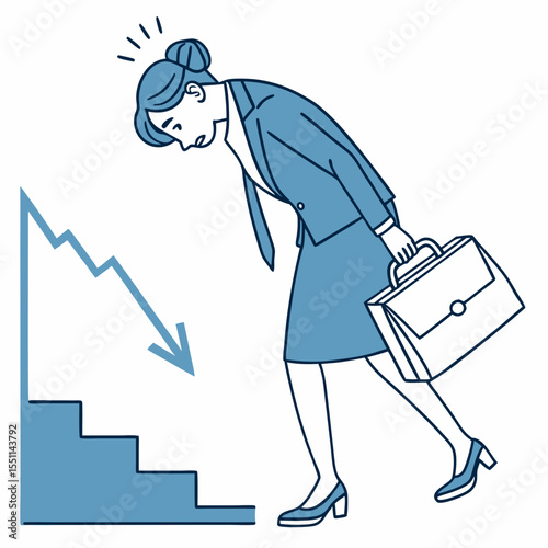 Economic downturn affecting businesswoman with portfolio and decreasing graph illustration