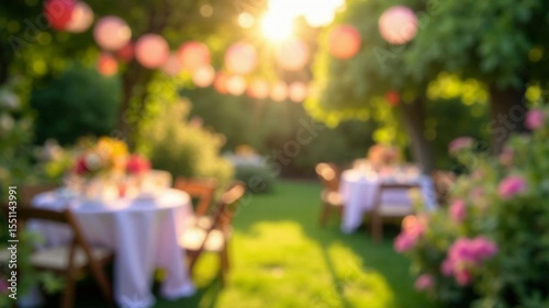 Outdoor Garden Party Dinner Setting with String Lights. Blurred background