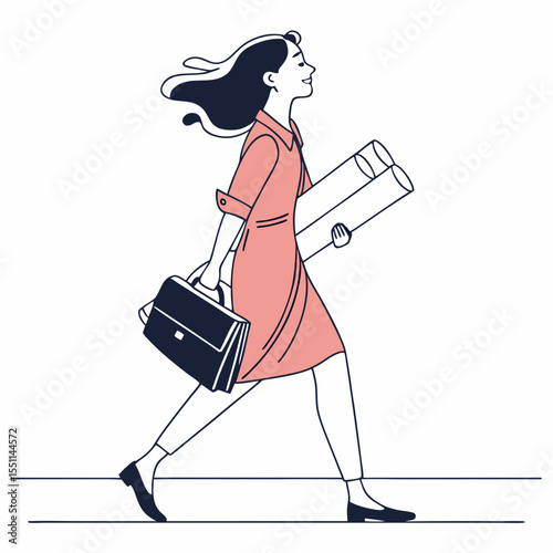 Confident woman strides forward in minimalist style, embodying professional ambition