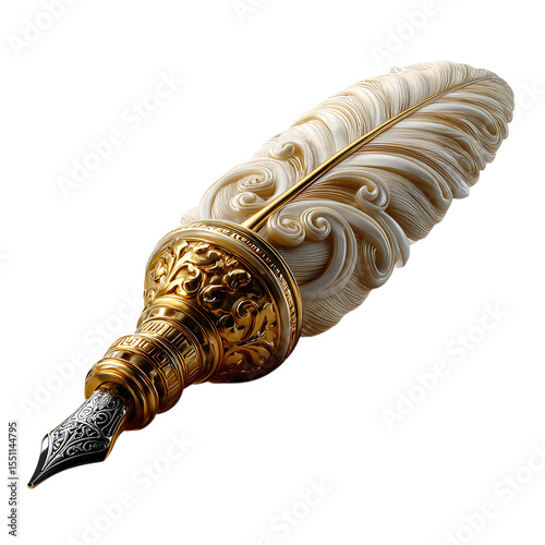 Ivory feather quill pen with decorative scrolls, isolated on transparent background