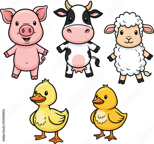 Hand-drawn piglet, cow, sheep, duckling, and chick with oversized heads and stubby legs, playful poses
