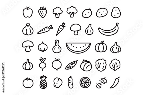 Collection of simple black line art icons representing various fruits and vegetables