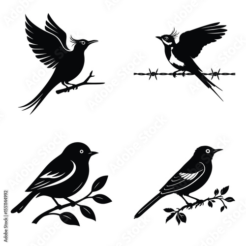 Weaver birds set leafy branch silhouette clipart solid drawing