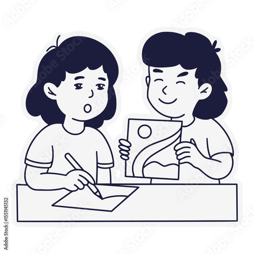 Learning to draw with schoolwork sitting at the table illustration