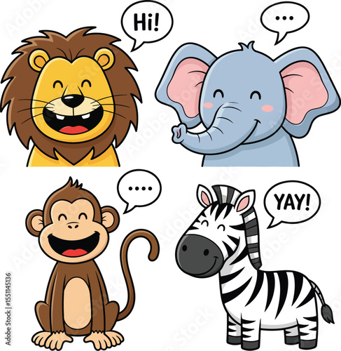  Cartoon jungle animal doodles — lion, elephant, monkey, zebra — with smiling faces and tiny word bubbles