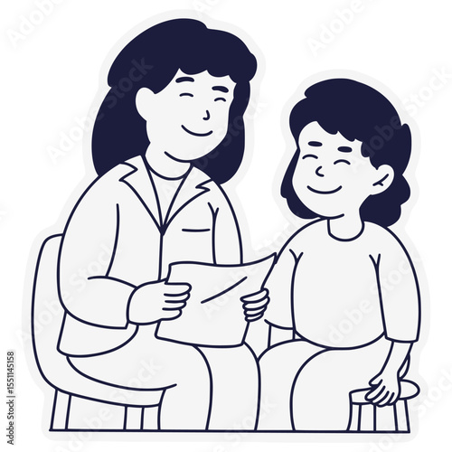 A mother is looking at the results of her child's schoolwork illustration