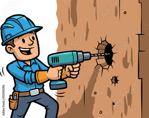 Cartoon Construction Worker Drilling a Hole in a Wall