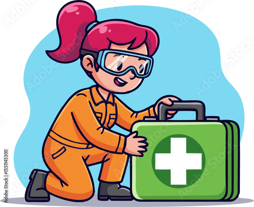 Cartoon Character in Protective Gear Holding a First Aid Kit