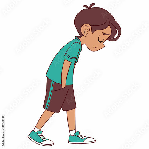 Young boy with downturned posture conveying emotional state and introspection