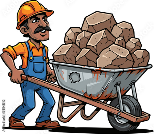 Cartoon Construction Worker Pushing Wheelbarrow Full of Rocks with Determined Expression