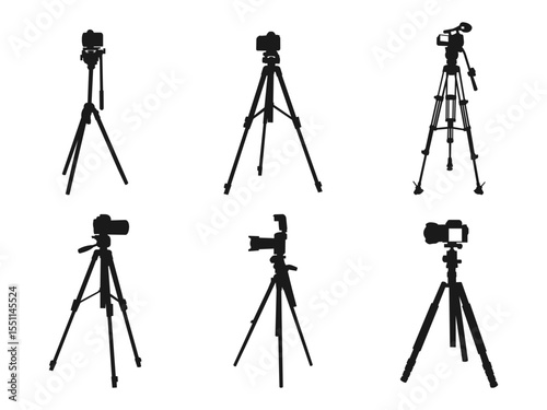 Camera tripod icon. Professional Photography Tripods with Camera Silhouettes. A silhouette of a camera on a tripod on a white background.