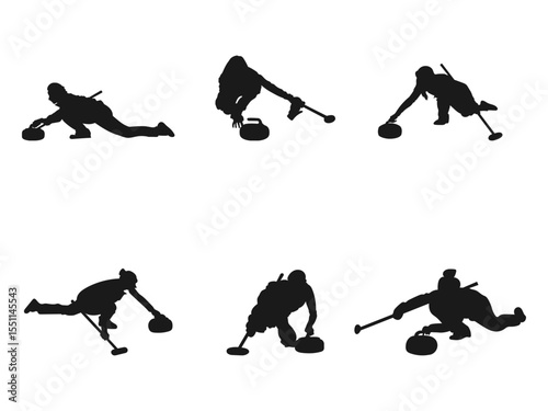 Curling player silhouette set. Men and women in different poses. set of curling sport silhouettes. Curling Players in Action Silhouettes.