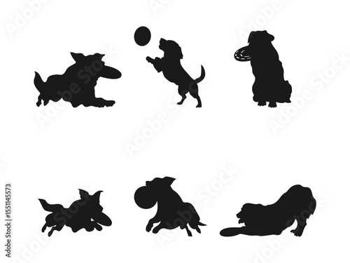 Frisbee dog silhouette, Frisbee dog catching silhouette. Vector black silhouette of a jumping Dog and a Frisbee. Playful Dog Silhouettes Engaging in Fun Activities.