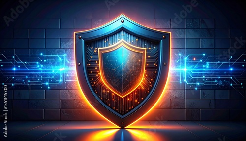 Digital illustration of AI firewall protecting network represented as glowing shield