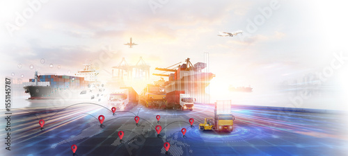World map with logistic network distribution on background. Logistic and transport concept in front  Container Cargo freight ship for Concept of fast or instant shipping, Online goods orders worldwide