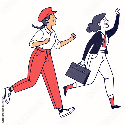 Enthusiastic businesswomen rushing with optimistic expressions towards success