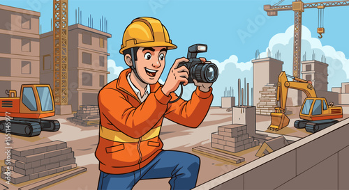 Cartoon Construction Worker with Camera at Construction Site Illustration