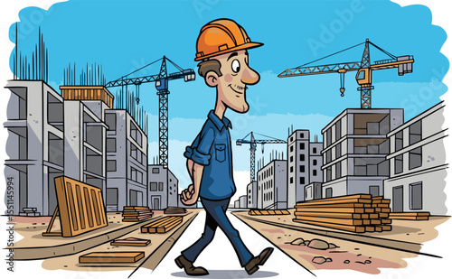 Cartoon Construction Worker Walking Past Buildings and Cranes